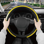Road Comforts Leather Steering Wheel Cover – Black & Yellow, Universal Fit 14.5-15 Inch, Microfiber Leather, Anti-Slip & Brea