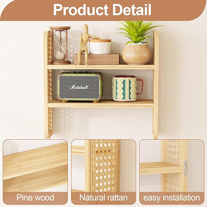 Natural 2-Tier Rattan Shelf - Wall Mounted Woven Boho Shelves, Handmade Rattan Display Shelf for Entryway, Nursery, Kitchen, 