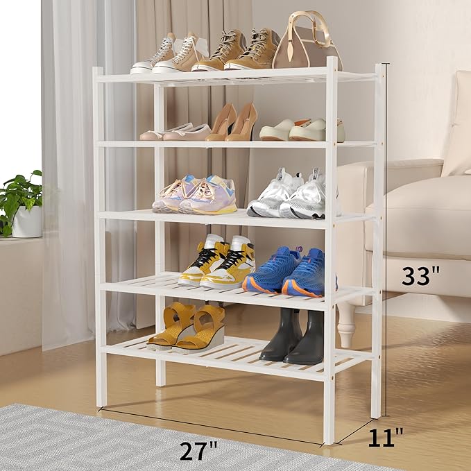 ROMGUAR CRAFT 5 Tier Bamboo Shoe Rack for Closet Free Standing Wood Shoe Shelf for Entryway Small Space Stackable 27"x11"x33"