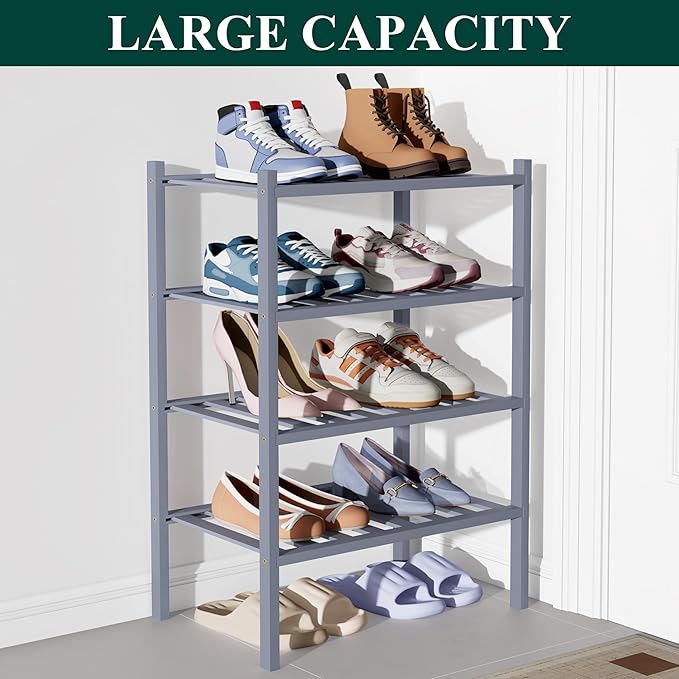 Smiry Bamboo Shoe Rack for Closet, 4 Tier Small Wooden Stackable Shoe Organizer, Free Standing Shoes Storage Shelf for Entryw