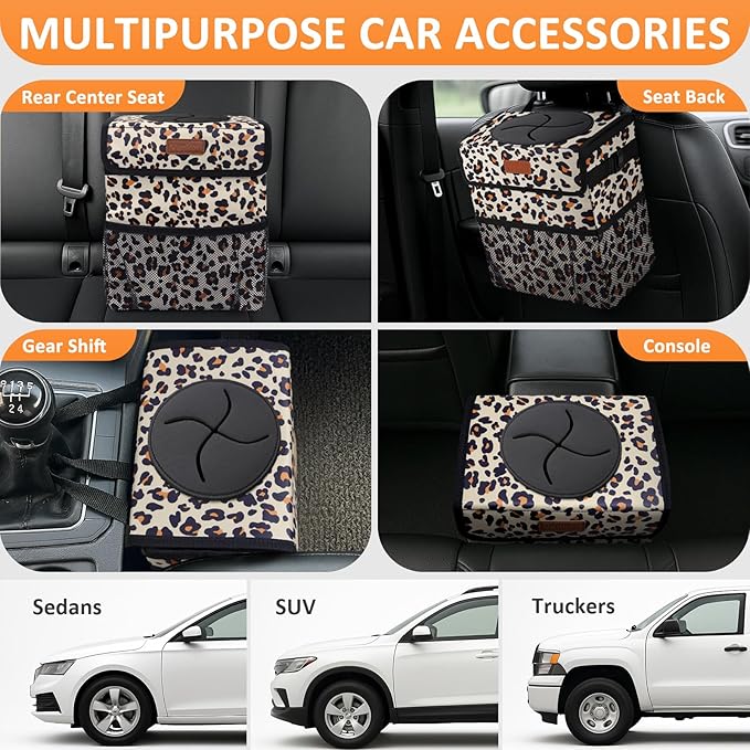 Cute Car Trash Can, Car Accessories for Women Interior Can Trash Bag Hanging Automotive Garbage Cans Leopard Pattern