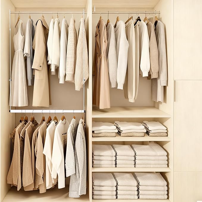 Closet Rod Extenders - White Adjustable Closet Hanging Bar, Width & Height Expandable Clothes Rod, Space-Saving Closet Organi