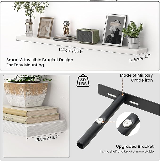 Heimlove 55 Inch Floating Shelves for Wall,Extra Long Mounted Storage Wall Shelves with Invisible Metal Bracket for Bedroom L