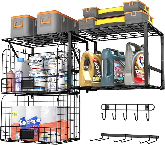 ThreeHio Garage Shelf Wall Mounted with Wire baskets, Heavy Duty Garage Wall Shelving with Garden Tool Rack and Hooks, Wire S