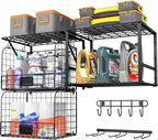 ThreeHio Garage Shelf Wall Mounted with Wire baskets, Heavy Duty Garage Wall Shelving with Garden Tool Rack and Hooks, Wire S