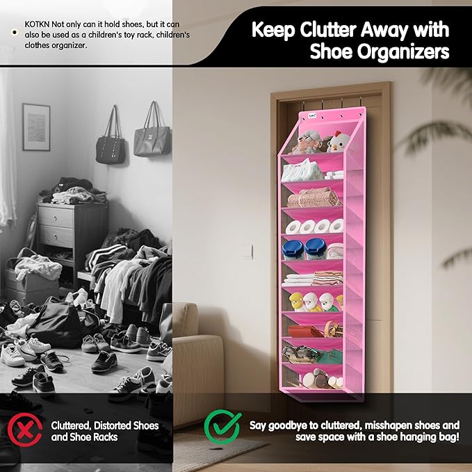 Kotkn 10 Tier Over The Door Organizer - Heavy Duty Hanging Storage Rack with Sturdy Oxford Fabric, Holds 20+ Pairs of Footwea