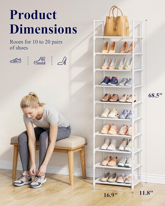 Kitsure Shoe Rack - 10-Tier Shoe Organizer with Detachable Fabric Shelves & Metal Frame, Tall Shoe Rack for Closet, Entrance,