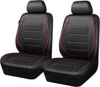 CAR PASS Universal FIT Piping Leather Two Front Seat Covers, Waterproof Faux Leather for SUV Sedan Van Truck, Airbag Compatible,Reserved Opening Holes for Headrest Covers. (Black red)