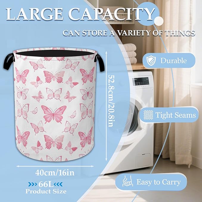 Pink Butterfly Laundry Basket Collapsible Laundry Hamper Clothes Toy Storage Bin for Bathroom Bedroom Room Decor 16" X 20.8"