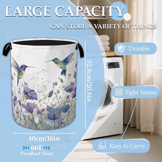 Hummingbird Flowers Laundry Basket Collapsible Laundry Hamper Clothes Toy Storage Bin for Bathroom Bedroom Room Decor 16" X 2