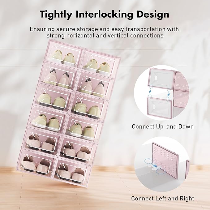 Foluck Shoe Storage Box, 15 Pack Clear Plastic Stackable Shoe Organizer for Closet, Interlocking Design Shoe Container Bins f