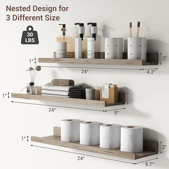 Axeman Picture Ledge Shelf | 24 Inch Grey Floating Shelves Set of 3 | Rustic Grey Wall Shelves with Lip | 24" Picture Shelf f