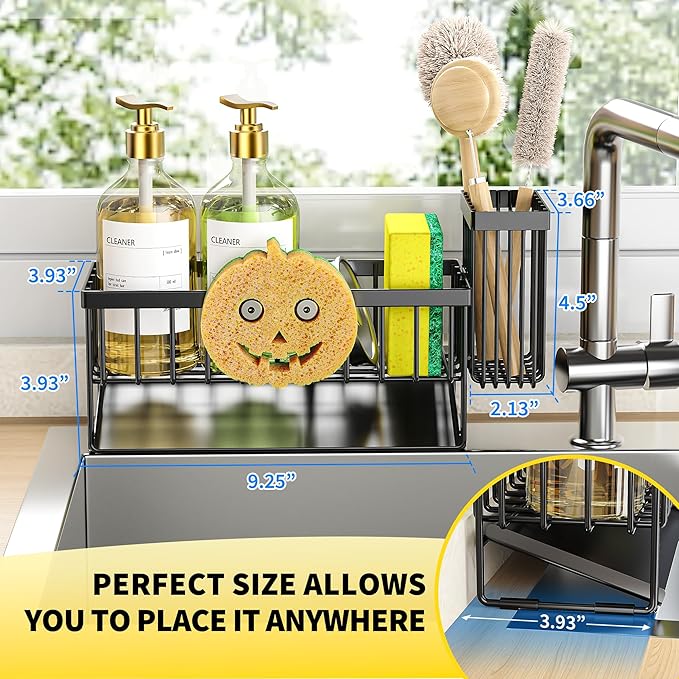 Cisily Kitchen Sink Caddy Organzier with High Brush Holder, Sponge Holder for Sink, 304 Rustproof Stainless, Kitchen Countert