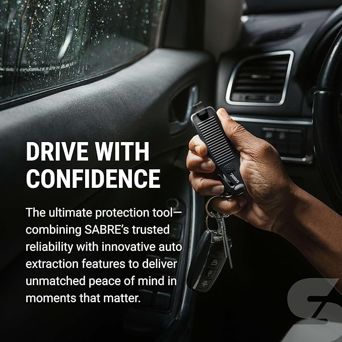 Sabre Safe Escape™ 3-in-1 Car Escape Tool for Car Safety with Spring-Loaded Window Breaker, No Swing Required, Seat Belt Cutt