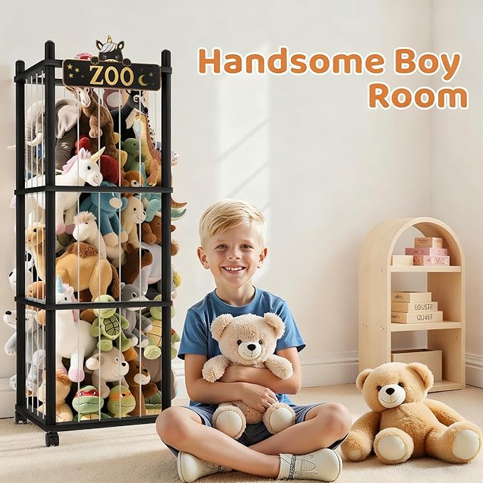 Stuffed Animal Storage Zoo Tower,56In Wooden Large Stuffed Animal Holder Organizer with Wheels,Stuffy Plushies Storage with E