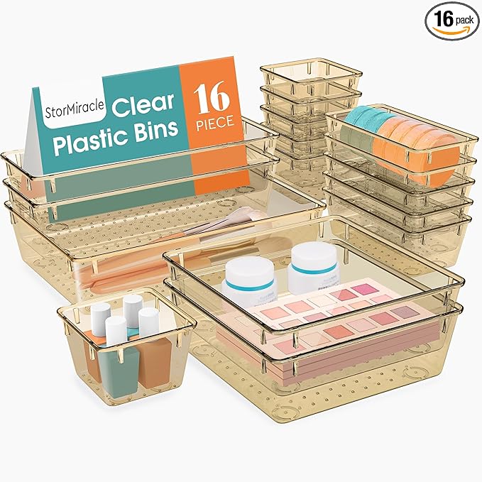 StorMiracle 16 PCS Drawer Organizer Set, 5 Varied Size Bathroom and kitchen Drawer cabinet organizer Trays, Clear Storage Bin