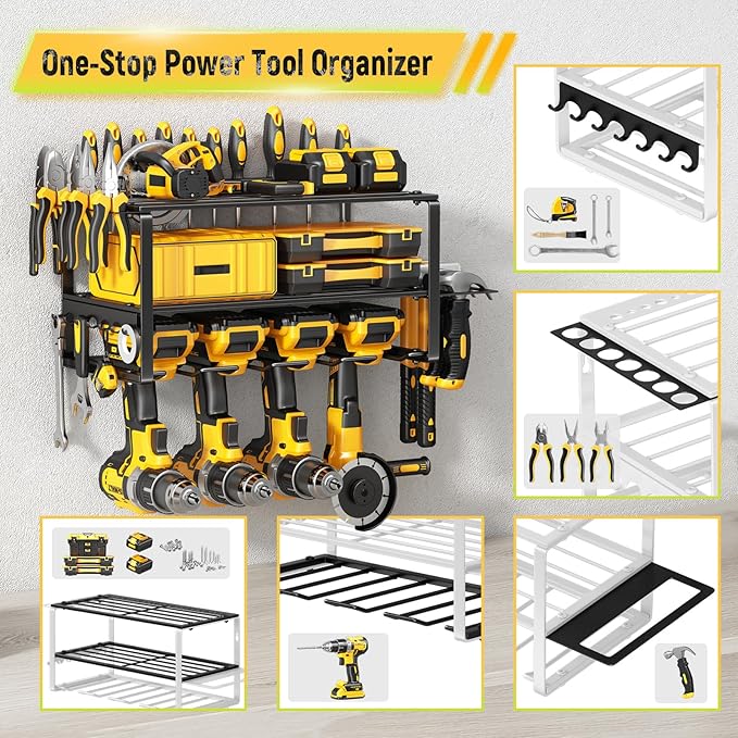 Power Tool Organizer Wall Mount - 200Lbs Load 3 Layers Storage Rack with 4 Drill Holders for Drills Cordless Tools. Heavy Dut