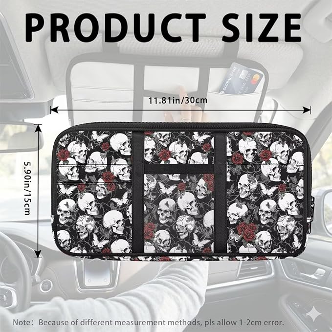 Skull Tactical Gear Organizer Car Sun Visor with Picture Holder Zipper Pouch Storage Bags with Adjustable Straps and Multi-Pocket Easy Installation Universal Fit for Most Cars SUV