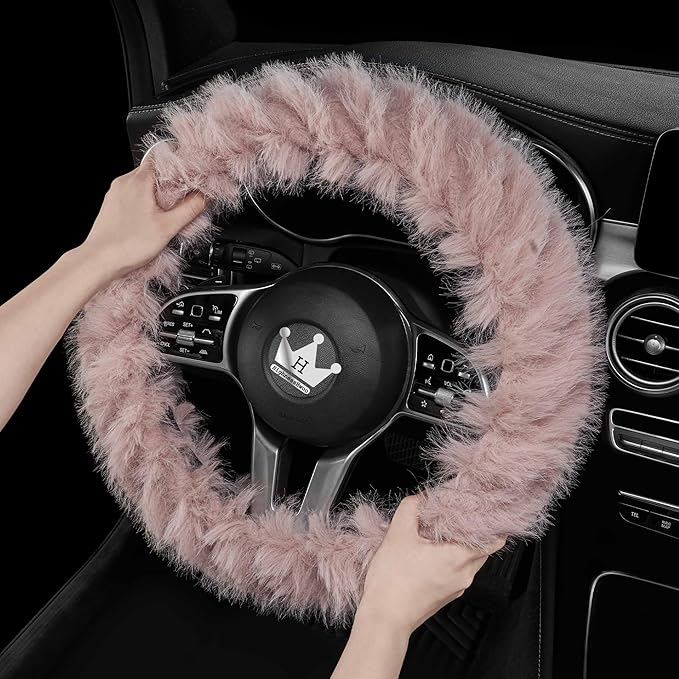 Fuzzy Winter Steering Wheel Covers for Women, Warm Cute Fluffy Car Wheel Cover for F150, Trucks, Jeep, Van, Soft Furry Auto Plush Large Car Handle Cover for Cold Weather, 15.2-16in, Pink