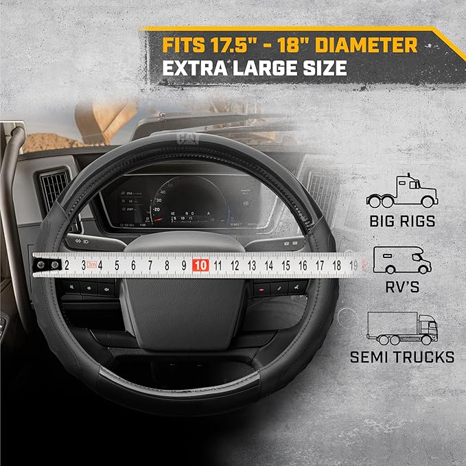Cat® BigGrip Faux Black Leather Semi Truck Steering Wheel Cover, Fits RV and Big Rig Trucker, Steering Wheel Cover for Trucks 18 Wheeler - X-Large 17.5" - 18" Inches