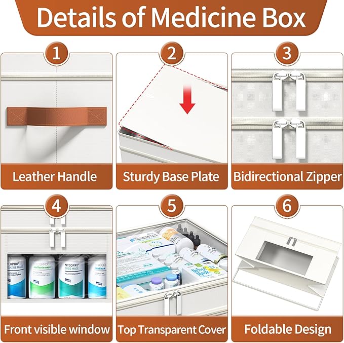 Medicine Organizer for Cabinet, 2-Tier Foldable Medicine Storage Box with Clear Cover and Leather Handle, Empty First Aid Kit