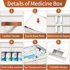 Medicine Organizer for Cabinet, 2-Tier Foldable Medicine Storage Box with Clear Cover and Leather Handle, Empty First Aid Kit