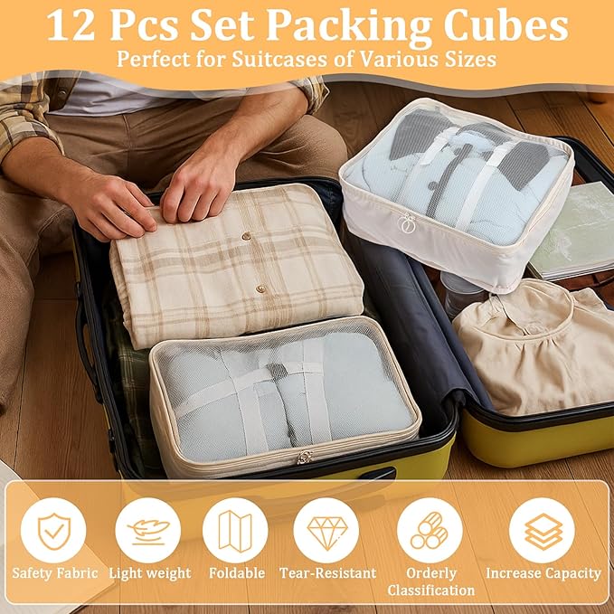 12 Pcs Packing Cubes for Suitcase Travel Luggage Bags Bulk Mesh Organizer Set for Hiking Camping Backpacking Clothes Accessor