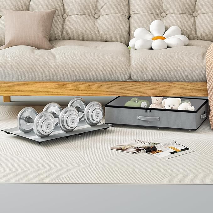 Under Bed Storage with Wheels, No Assemble Required 5.5 inches height grey under bed storage bins,Low Profile Rolling Underbe