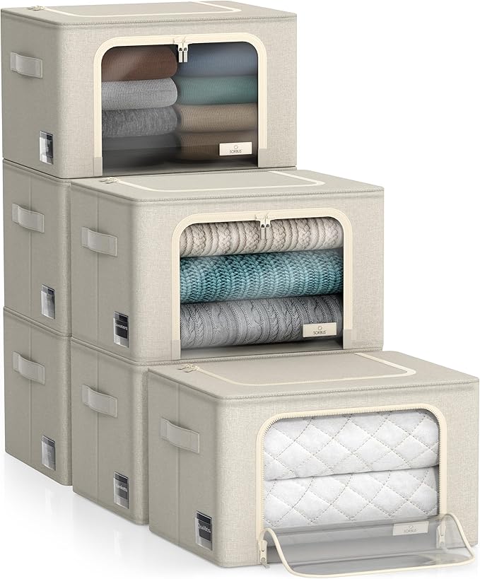 Sorbus Storage Bins with Metal Frame - Stackable & Foldable Clothes Organizer Bags - Oxford Fabric Storage Containers with La