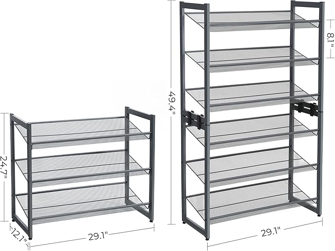 SONGMICS Shoe Rack, 6-Tier Shoe Organizer, Metal Rack for Garage, Set of 2, 3-Tier Stackable Shelf, with Adjustable Flat or A