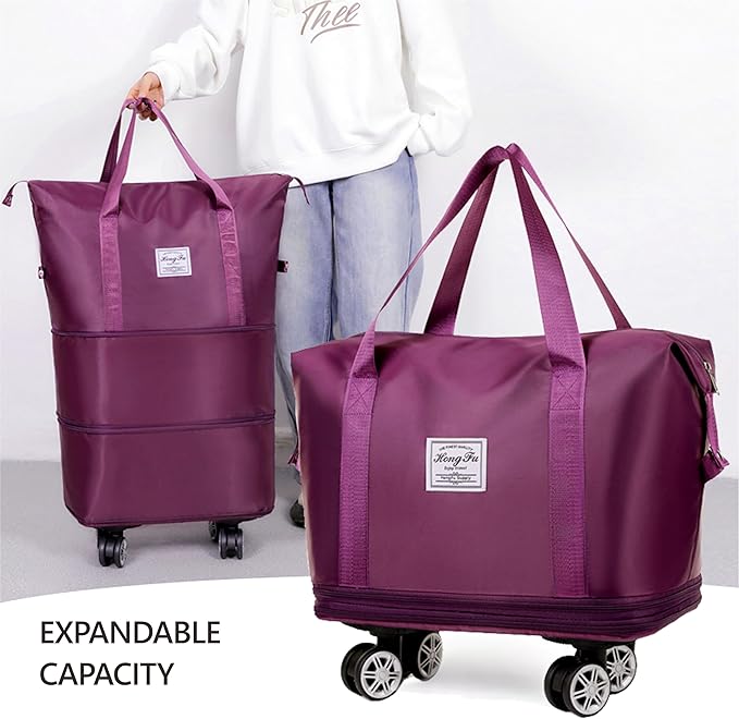 Expandable Foldable Duffel Bag with Detachable Rolling Wheels, Large Carry-On Luggage for Travel, Gym, Camping, Shopping, Business Trip (Purple)