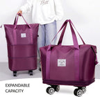 Expandable Foldable Duffel Bag with Detachable Rolling Wheels, Large Carry-On Luggage for Travel, Gym, Camping, Shopping, Business Trip (Purple)