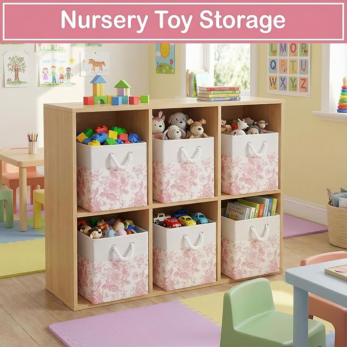 LemonRoad 6 Pcs Pink Floral Cube Storage Bins 11.22 Inch Square Storage Basket with Handle, Preppy Girls Organizer Basket, Co