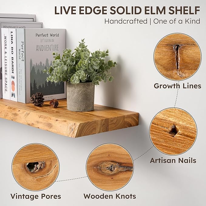 Live Edge Floating Shelf, 40 Inch Rustic Solid Elm Wood - Natural Wood Tone with Invisible Brackets, Wall Mounted for Living 