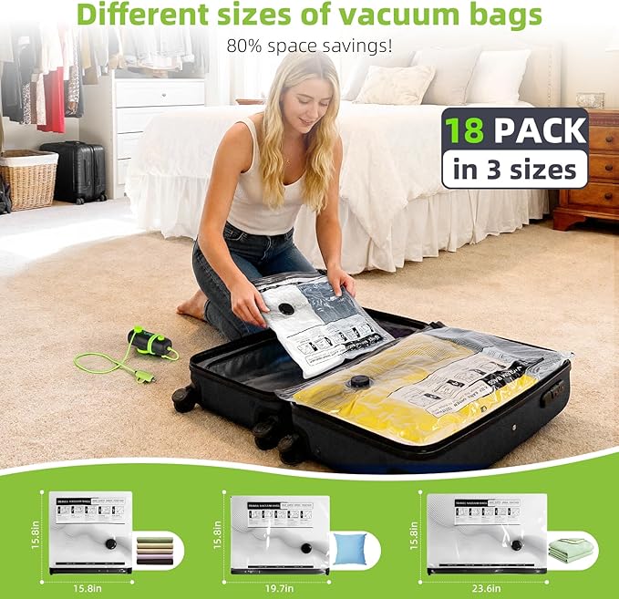 Vacuum Bags for Travel - USB Electric Pump, 18 Pack Carry-on Size Vacuum Seal Bags for Clothing - Space Saver Vacuum Storage 