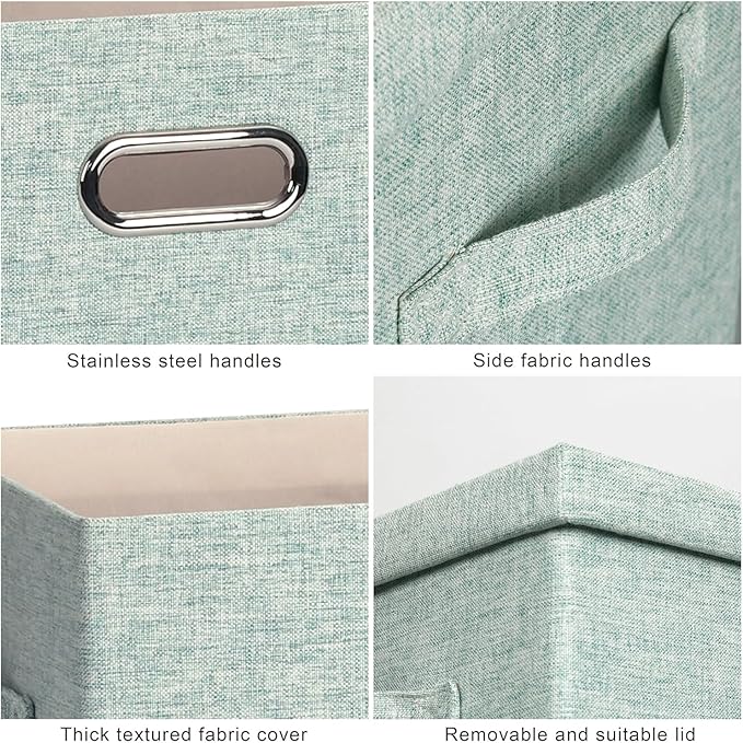 Graciadeco Large 17" 36 Quart Collapsible Stackable Storage Bins with Lids, 3 Packs Light Green Linen Fabric Closet Boxes wit