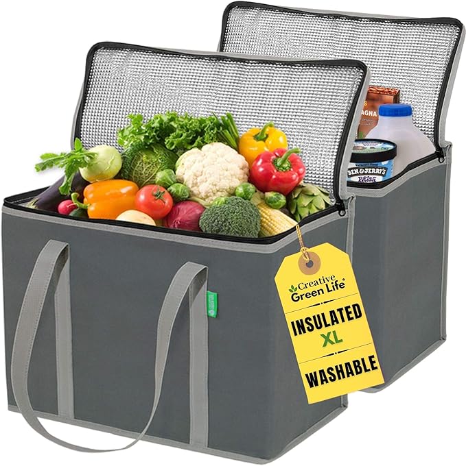 Creative Green Life XL Insulated Reusable Grocery Bags (2-Pack) - Premium Quality Cooler Bags with Hard Bottom Insert, Stands