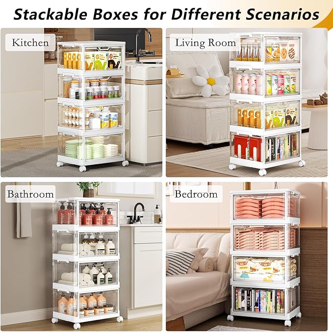 SNSLXH Portable Clear Storage Bins with Lid & Wheels, 24QT Clear Storage Bins with Lid, 4-Tier Plastic Bins with Wheels, Stac