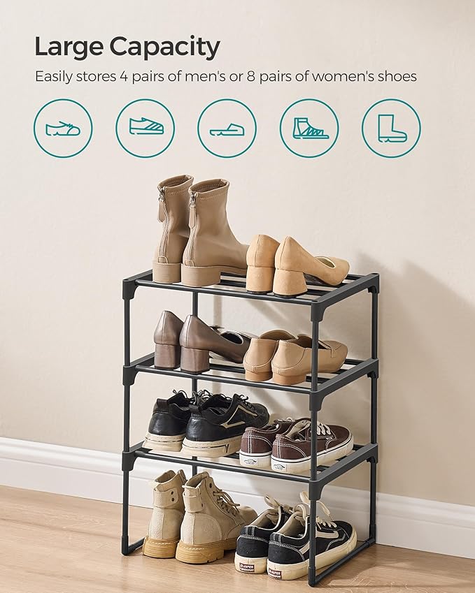 SONGMICS Shoe Rack, 3-Tier Shoe Organizer, Metal Storage Shelf, Upright or Upside Down, for 4-8 Pairs, Stackable, for Entrywa