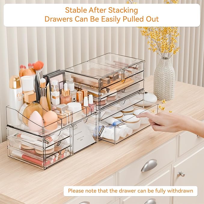 Yieach Acrylic Make up Organizers for Counter,Desk and Vanity,4 Pack Stackable Bathroom Counter Organizer with Drawers,Large 