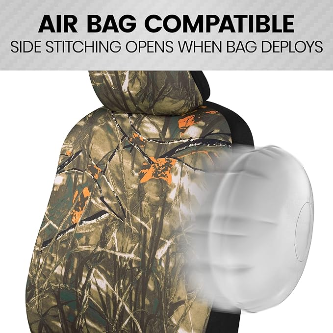BDK Hunter Camo Car Seat Covers Full Set with Camo Steering Wheel Cover and Seat Belt Cover Pad – Forest Camouflage Pattern, 