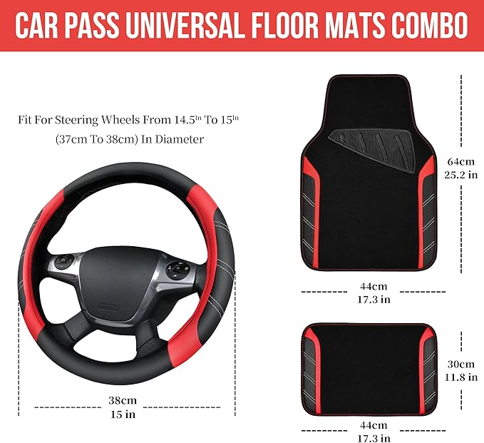 CAR PASS Leather Steering Wheel Cover and Waterproof Car Floor Mats,Microfiber Universal Car Combo Fit for 95% Sedan,SUV,Cars