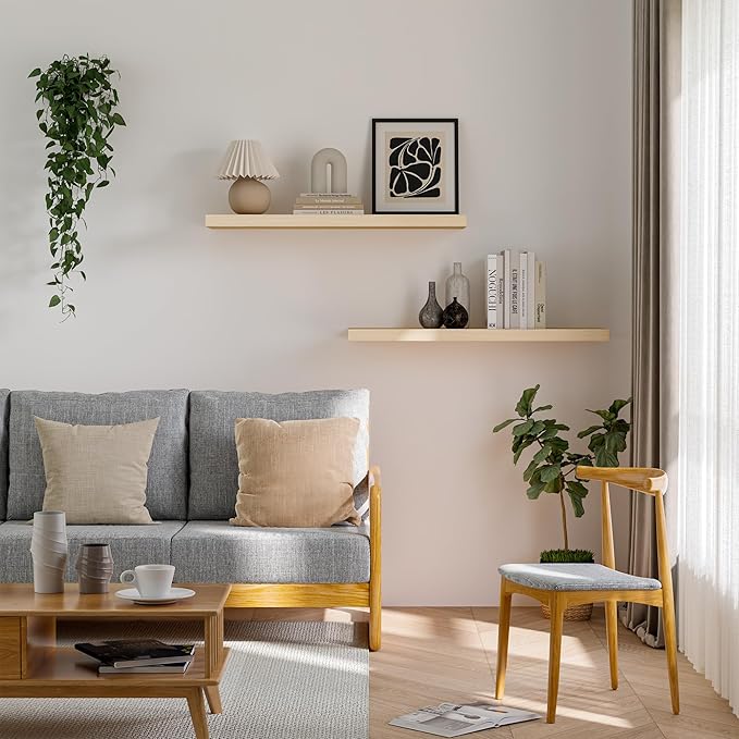 Vivelove Natural Wood Floating Shelves 36”，8 inch Deep Floating Shelf with Invisible Brackets, Unfinished Wall Shelves for Li