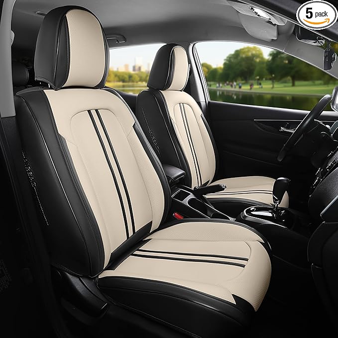 FREESOO Car Seat Covers Full Set, Leather Seat Covers for SUV, Beige Black Car Seat Covers Front Seats and Back, Waterproof C
