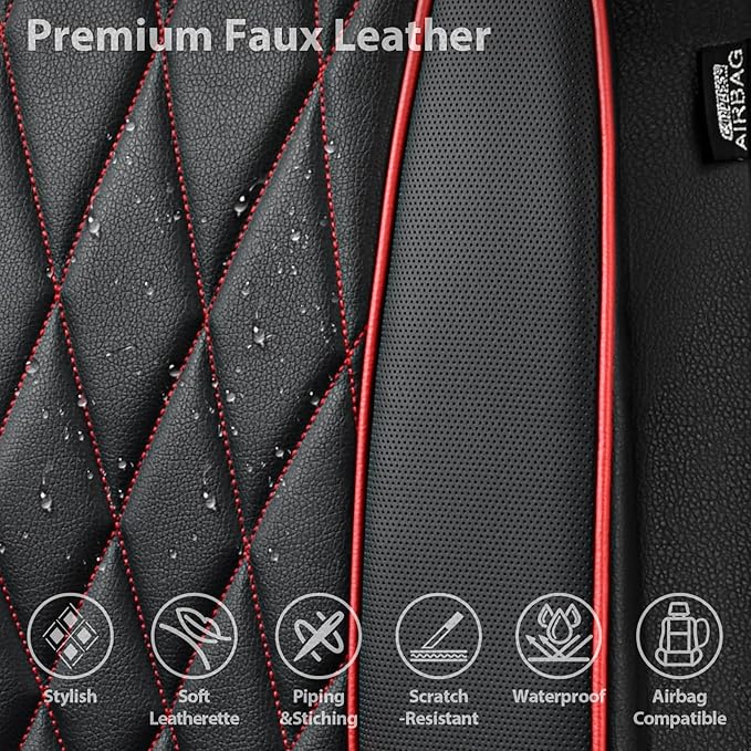 CAR PASS Piping Luxury PU Leather Two Front Car Seat Covers, Waterproof Anti Slip Seat Covers Compatible with Front Seat Armr