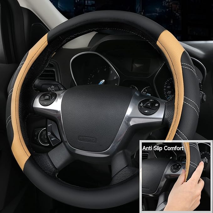 CAR PASS Microfiber Steering Wheel Cover and Waterproof Car Floor Mats,Leather Universal Car Combo Fit for 95% Truck,SUV,Cars