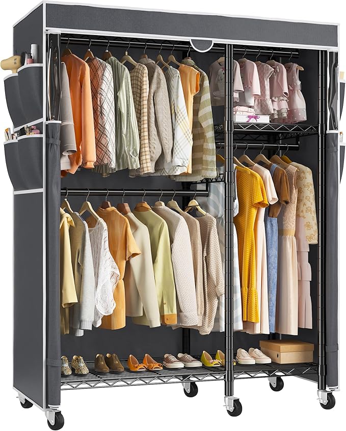 Raybee Clothes Rack with Cover Clothing Racks for Hanging Clothes Heavy Duty Portable Closet with Wheels，Rolling Garment Rack