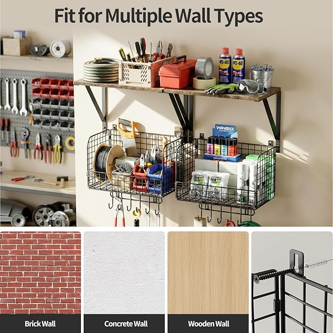 Housolution Garage Shelving Wall Mounted, Heavy-Duty Garage Wall Shelving with Baskets & Hooks Supports up to 154 LBS in Tota