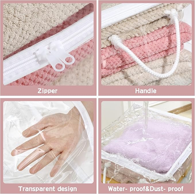 10-Pack Clear Zippered Storage Bags with Handles, Two-Way Zipper Foldable Closet Organizer, Bed Sheet Organizer, Plastic Stor