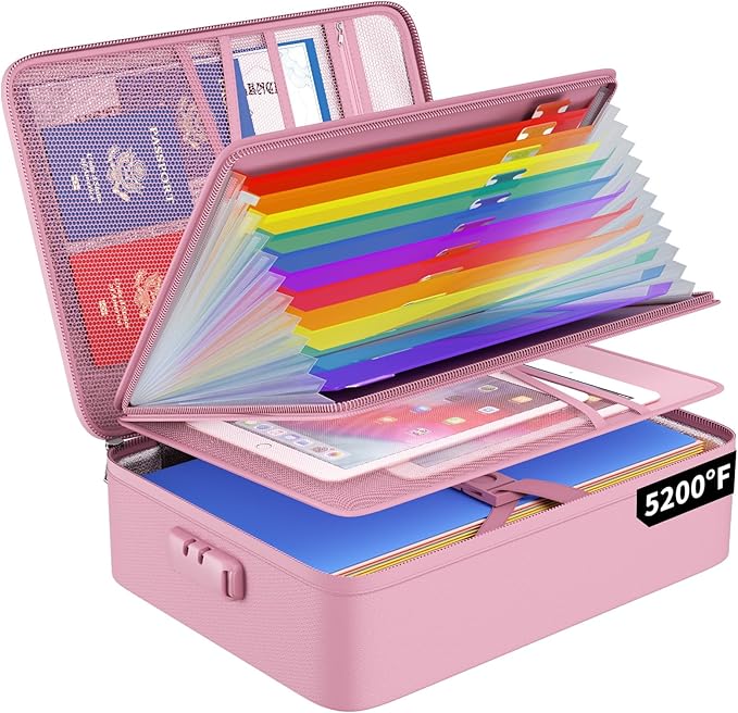 ENGPOW Fireproof File Organizer Bag with 13 Colorful Pockets Accordion File Folder,5200℉ Document Organizer Box with Lock&Lab